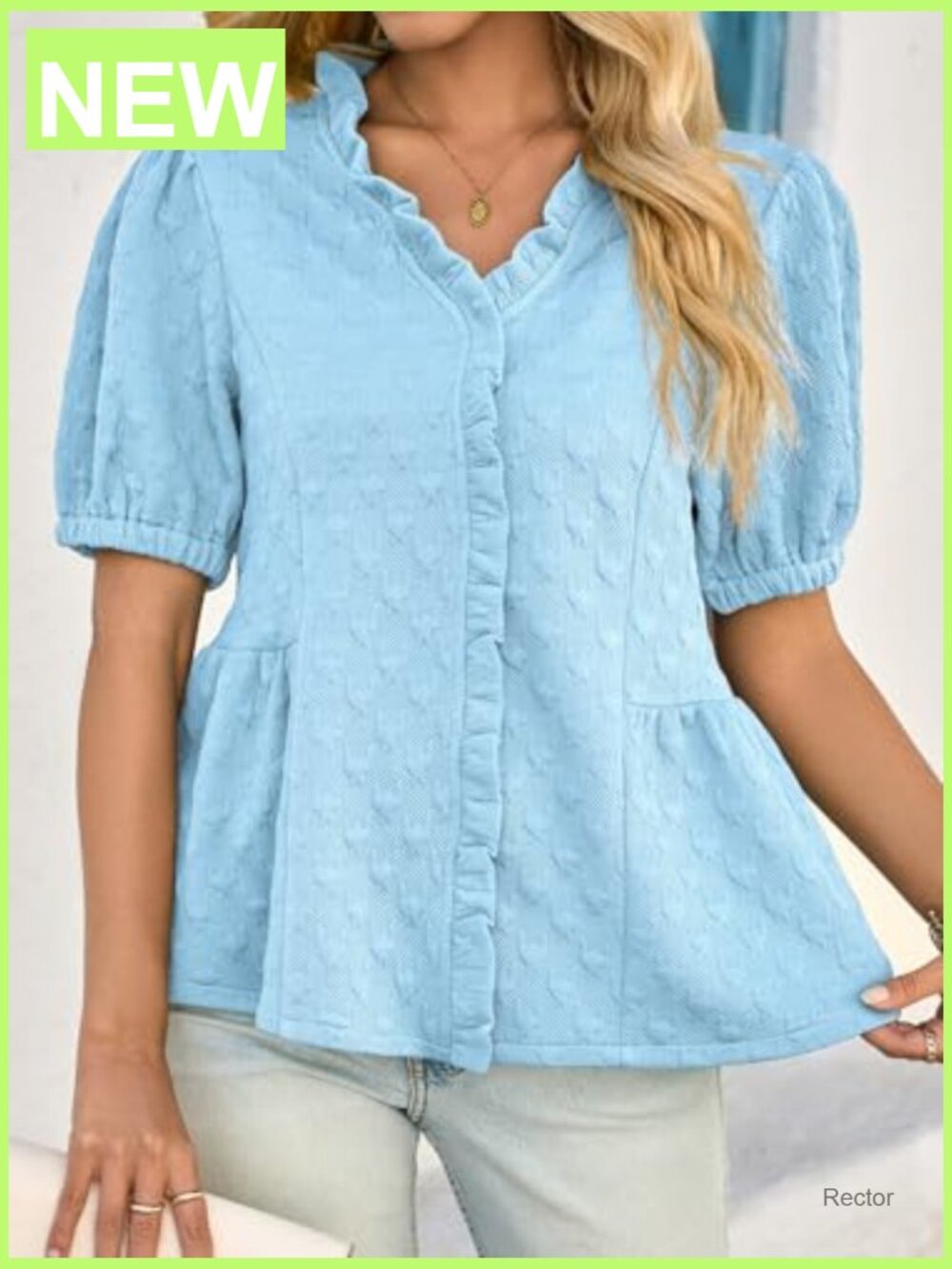 Womens Peplum Puff Sleeve Top V Neck Ruffle Blouse Dressy Casual Textured - Picture 5 of 7